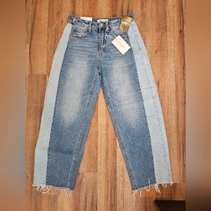 NWT Flying Monkey High Rise Barrel Fit Colorblock Two-Tone Blue Women's Jeans